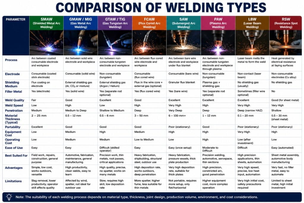 Comparison of Welding Types infographic for industrial fabrication and manufacturing