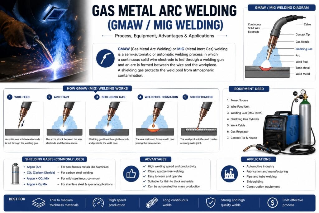 Gas Metal Arc Welding infographic for industrial fabrication and manufacturing
