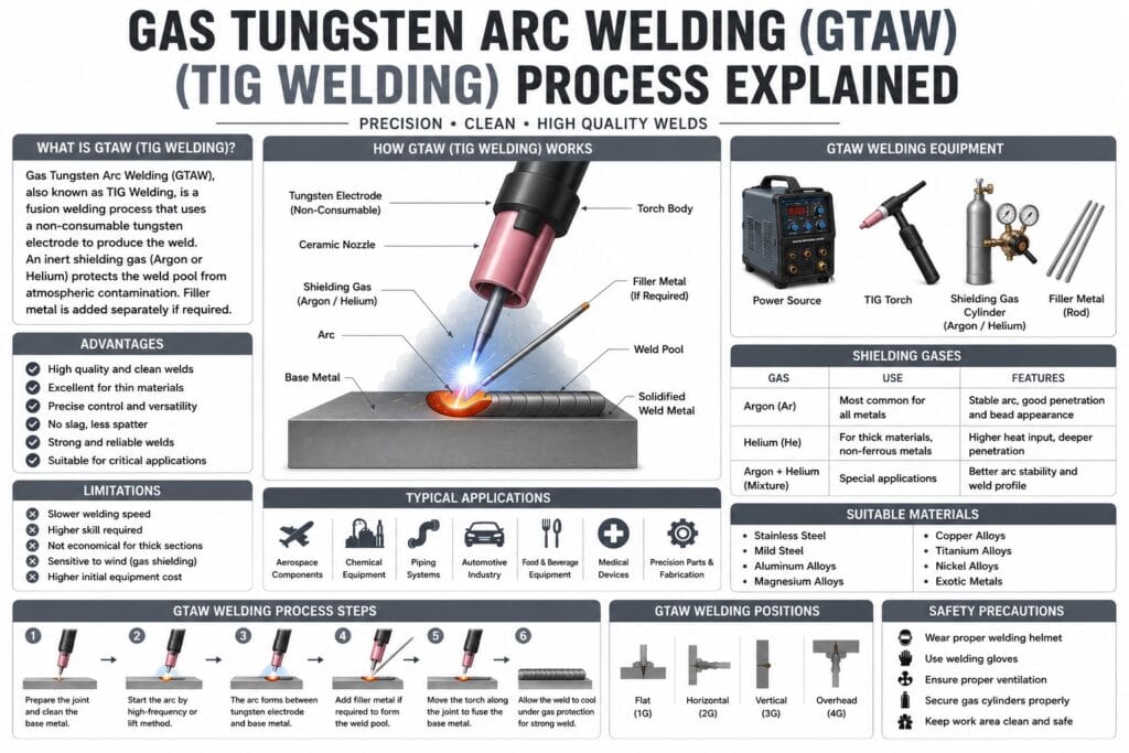 Gas Tungsten Arc Welding infographic for industrial fabrication and manufacturing