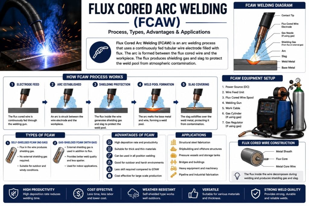 Flux Coated Arc welding infographic for industrial fabrication and manufacturing
