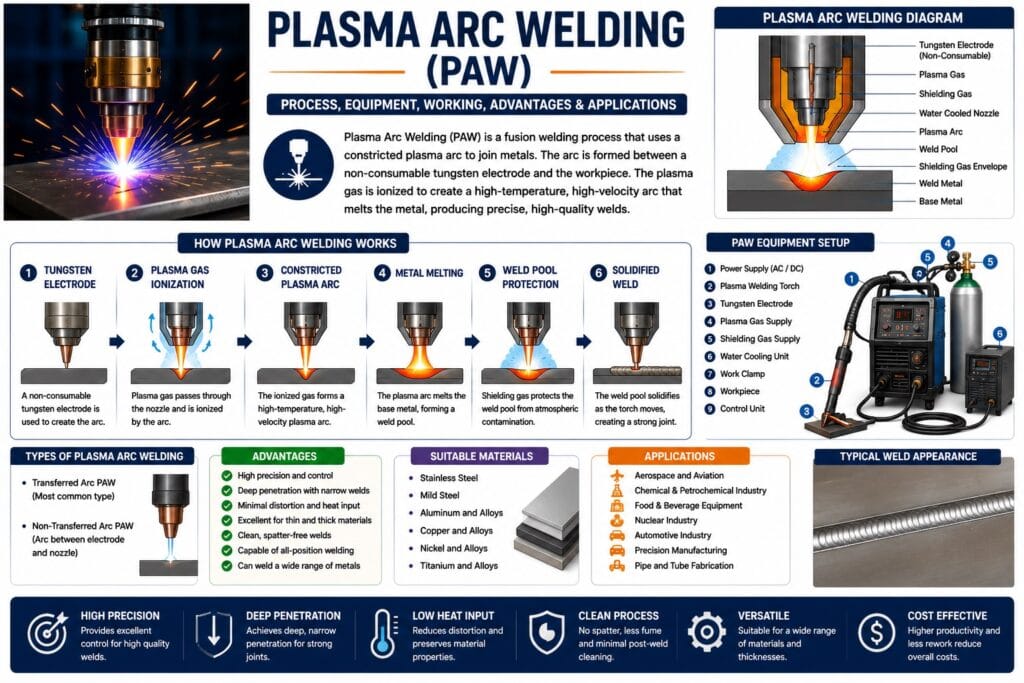 Plasma Arc Welding infographic for industrial fabrication and manufacturing