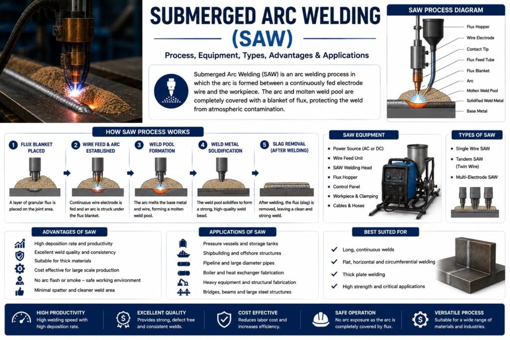 Submerged Arc Welding (SAW) infographic for industrial fabrication and manufacturing