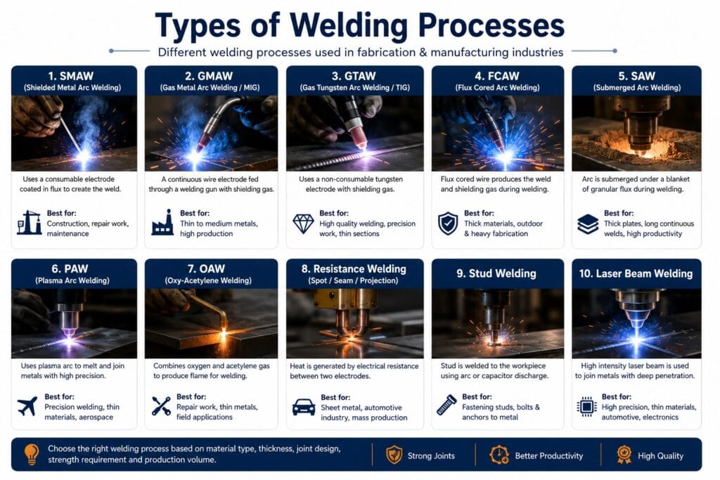 Types of Welding Processes infographic for industrial fabrication and manufacturing