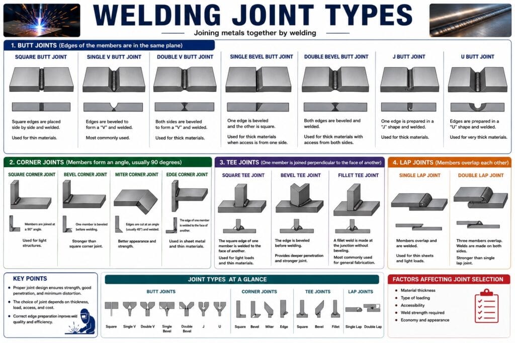 Welding joints Types infographic for industrial fabrication and manufacturing
