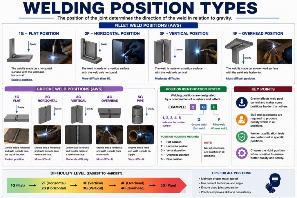 Welding Position Types infographic for industrial fabrication and manufacturing