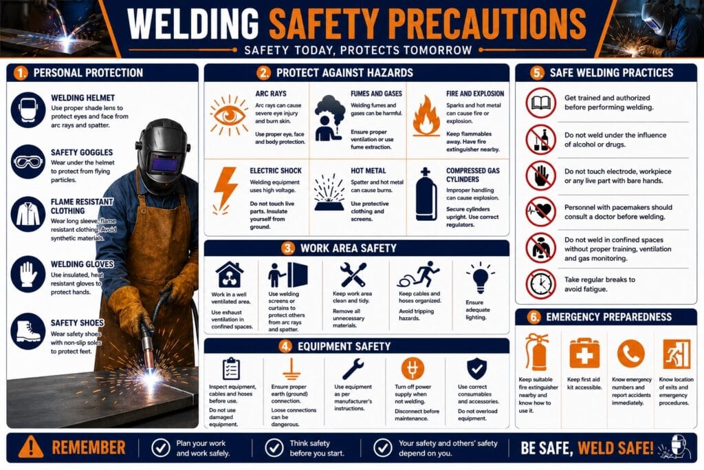 Welding Safety Precautions infographic for industrial fabrication and manufacturing